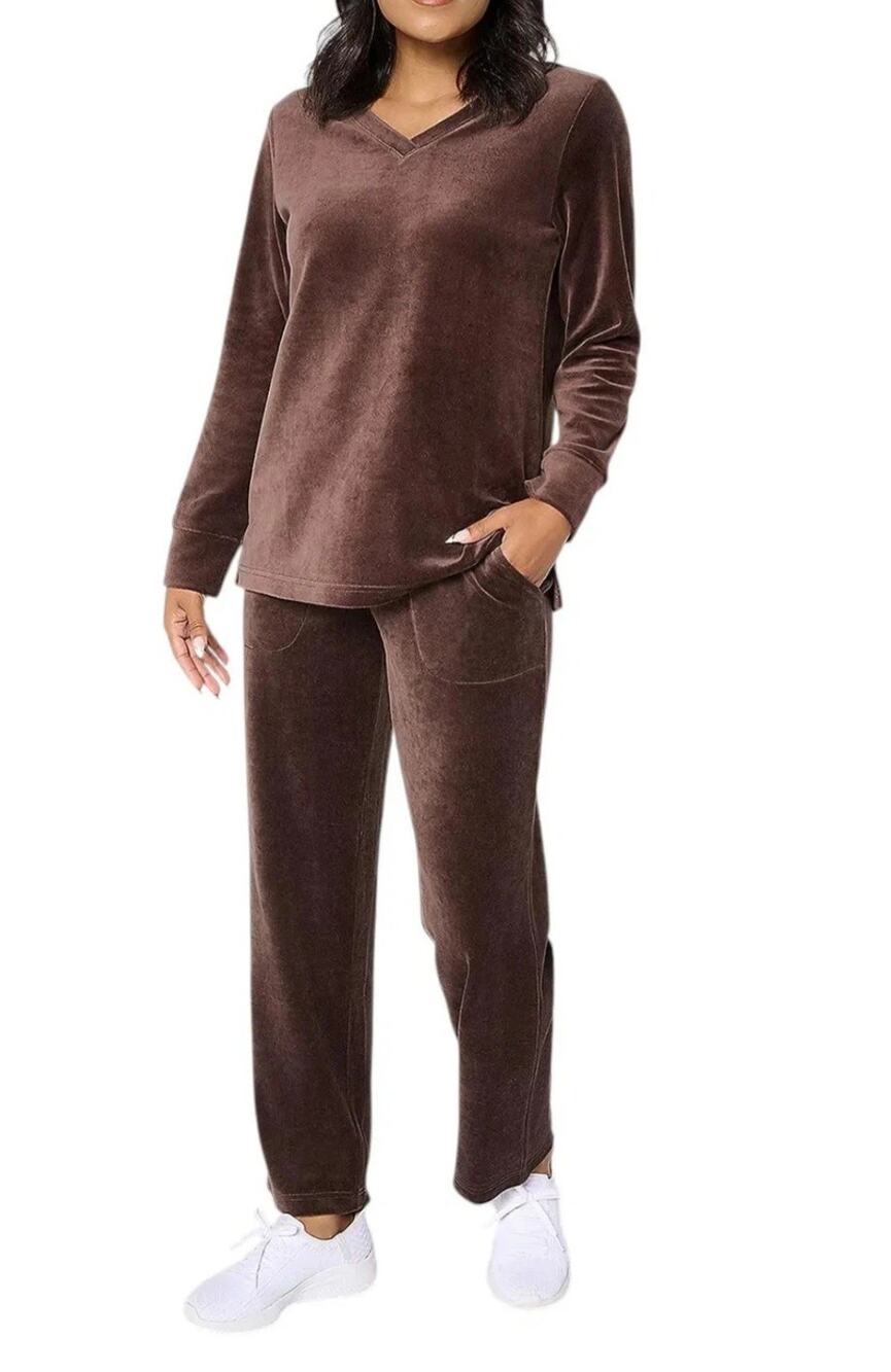 Denim & Co Size 3X Dark Brown Active Velour Top & Straight Leg Pant A713023 NWOT